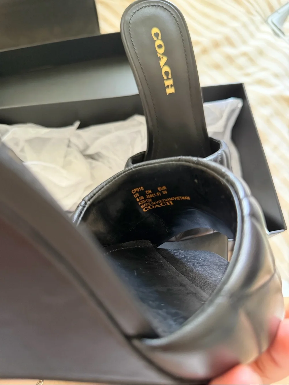 COACH Black Quilted Leather Slide Mules with Gold 'C' Hardware (run small)
